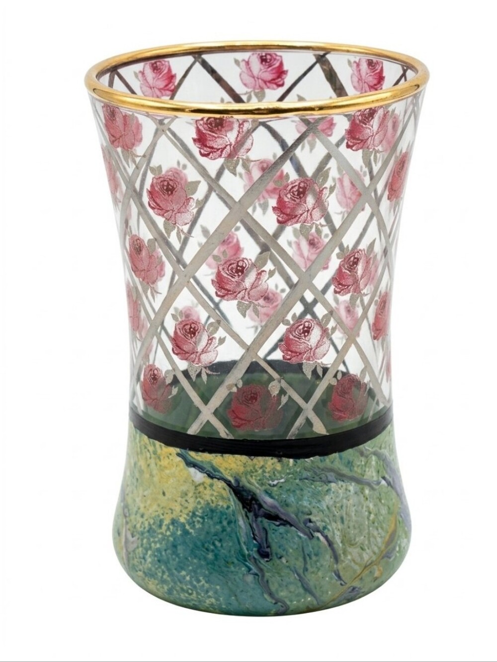 Vtg Mackenzie Childs Glass Vase "Circus Rose Arbor" Pattern